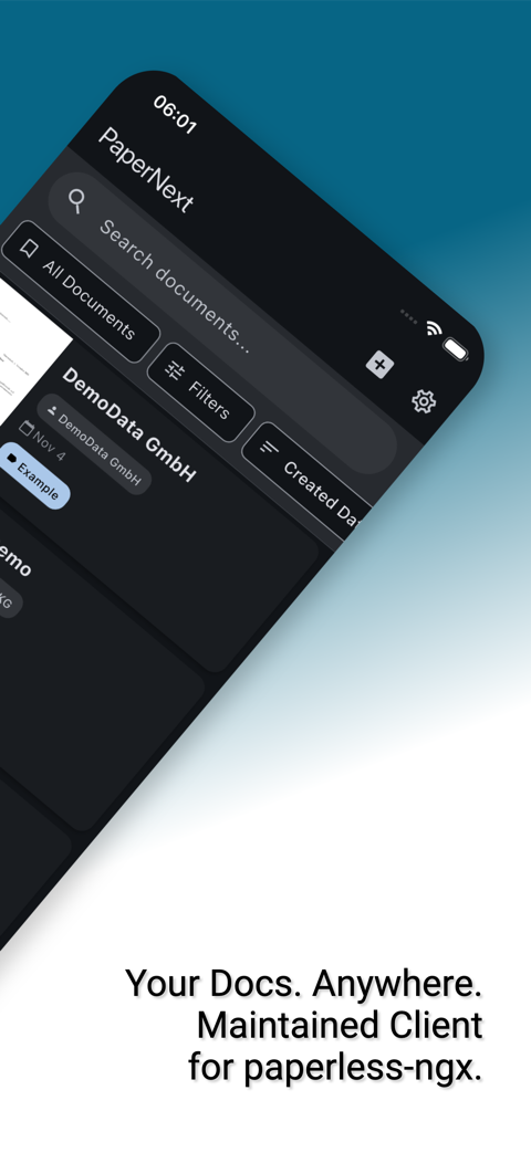 PaperNext dark mode document search screen