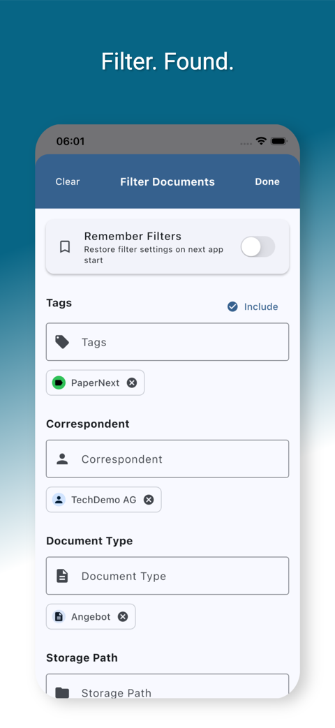 PaperNext filter documents screen with tags, correspondent and document type