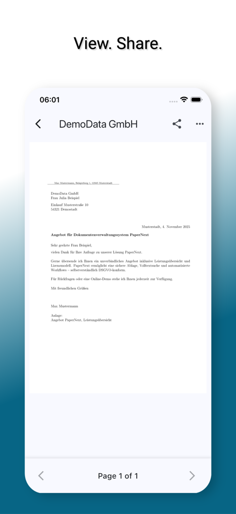 PaperNext document viewer with share option